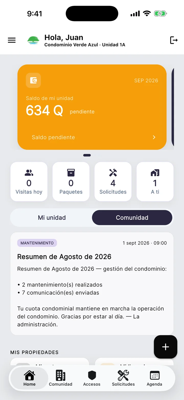 Inicio de la app del residente con su saldo y accesos rápidos.